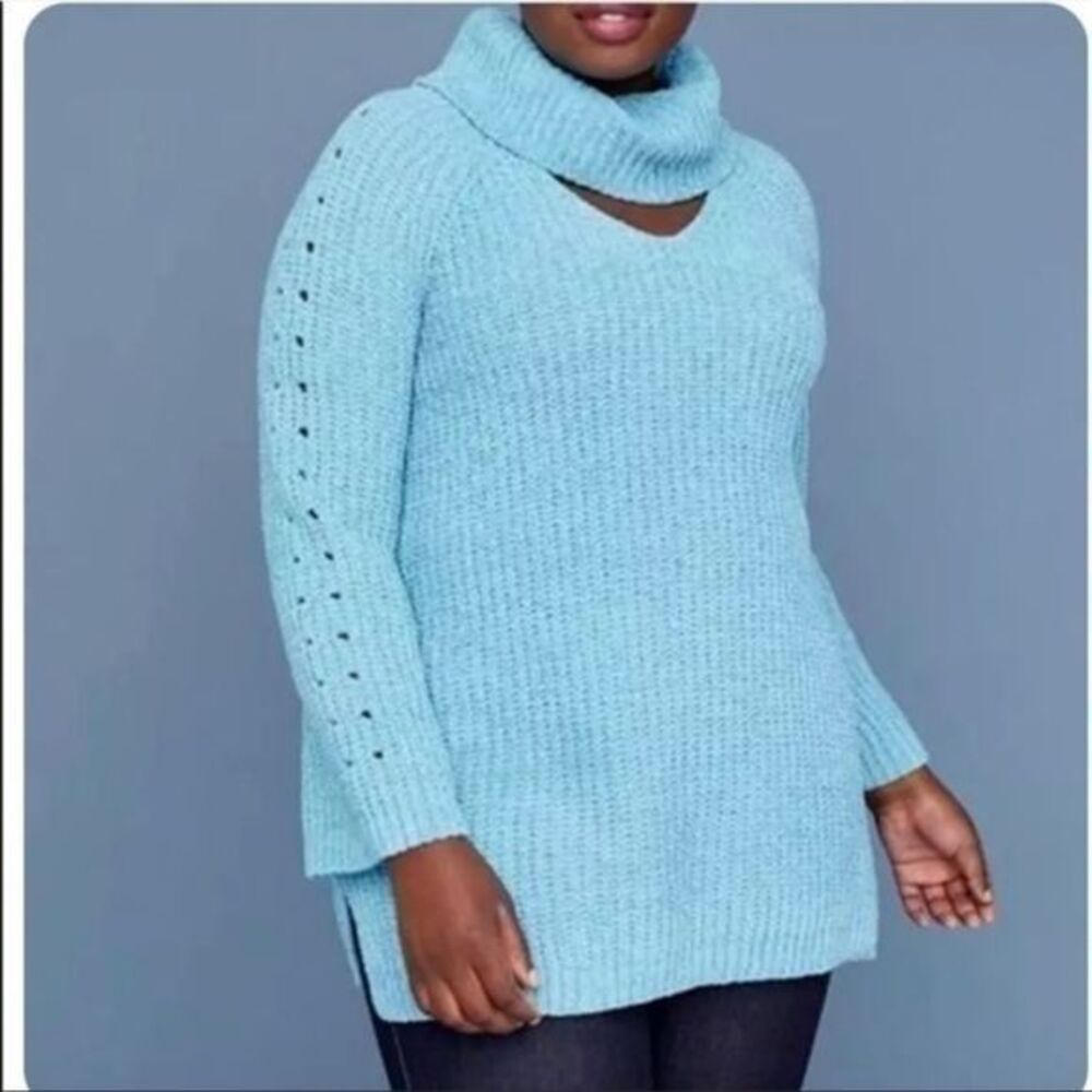NWT Lane Bryant Soft Chenille Cutout Cowl Neck Knit Sweater Turquoise Size 10 12